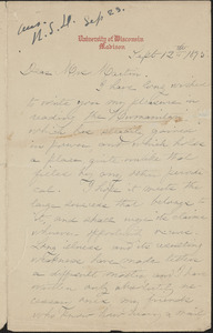 Helen Campbell autograph letter signed to [Victoria Woodhull Martin], Madison, Wis., September 12, 1895