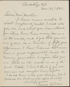 Emma J. Carr autograph letter signed to [Victoria Woodhull] Martin, Brooklyn, March 25, 1927