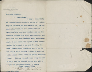 F. M. Charlton typed letter signed to [Victoria Woodhull Martin], Chicago, June 27, 1893