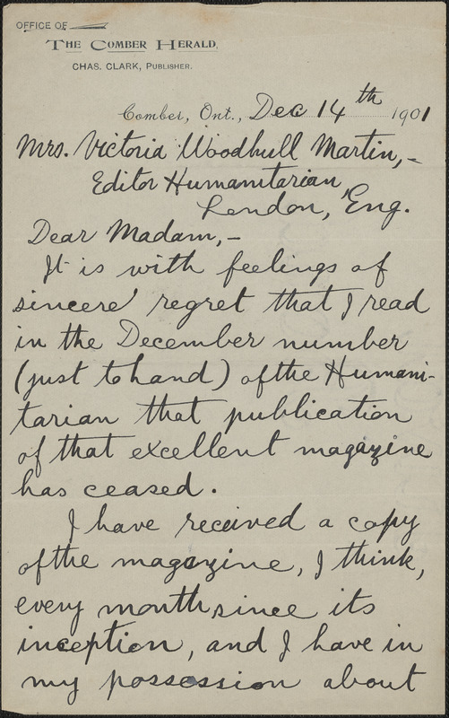 Charles Clark autograph letter signed to Victoria Woodhull Martin, Comber, Ont., December 14, 1901