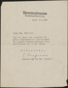 E. Cosgrove typed note signed to Mr. Martin, Oklahoma City, Okla., July 23, 1925