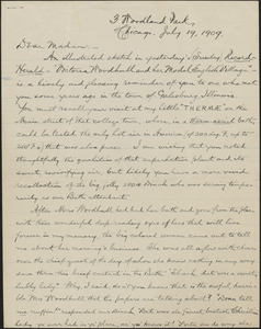 Las Casas L. Dean, autograph letter signed to [Victoria Woodhull Martin], Chicago, July 19, 1909