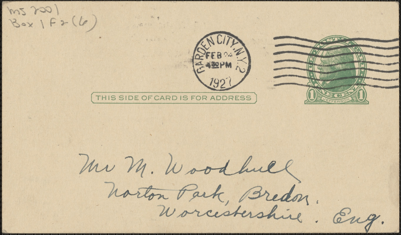 Doubleday, Page, & Co. autograph note signed (postcard) to [Zula Maud Woodhull?], Garden City, N.Y., February 24, 1927