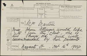 Telegram to Victoria [Woodhull] Martin, [London], October 16, 1909