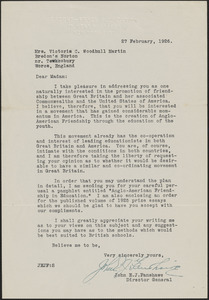 John E. J. Fanshawe typed letter signed to Victoria Woodhull Martin, February 27, 1926