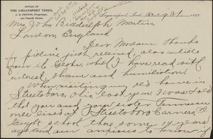 [C. O. Fenton] autograph letter (incomplete) to Victoria Woodhull Martin, Logansport, Indiana, August 31, 1897