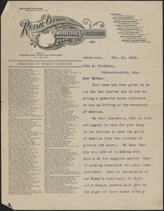 Helen L. Grenfells typed letter signed to Zula M. Woodhull, Denver, Colo., October 12, 1908
