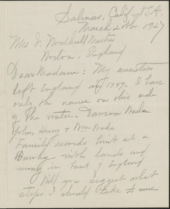 Emma G. Gilmore autograph letter signed to [Victoria] Woodhull Martin, Salinas, Calif., March 20, 1927