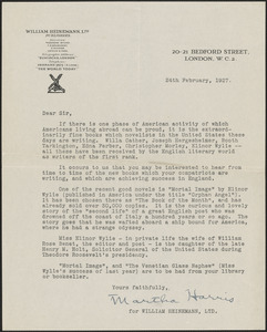 Martha Harris typed letter signed (circular) to [Victoria Woodhull Martin], London, February 24, 1927