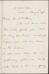 Robert Martin Holland autograph letter signed to Victoria [Woodhull Martin], London, August 4, 1898