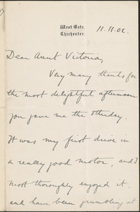 Robert Martin Holland autograph letter signed to Victoria [Woodhull Martin], Chichester, England, November 11, 1902