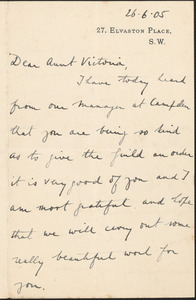 Robert Martin Holland autograph letter signed to Victoria [Woodhull Martin, London], June 26, 1905