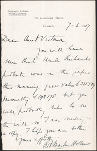 Robert Martin Holland autograph letter signed to Victoria [Woodhull Martin], London, June 7, 1917
