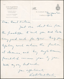Robert Martin Holland autograph letter signed to Victoria [Woodhull Martin], London, December 31, 1924