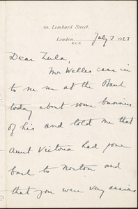 Robert Martin Holland autograph letter signed to Zula [Woodhull], London, July 7, 1923
