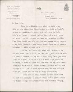 Robert Martin Holland typed letter signed to [Zula] Woodhull, London, November 10, 1927