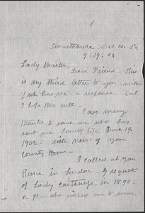 Agnes Kemp autograph letter signed to [Victoria Woodhull] Martin, Swarthmore, Pa., September 17, 1903