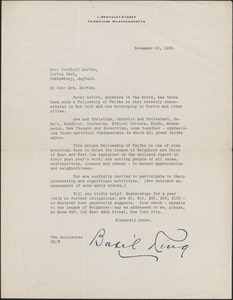 Basil King typed letter signed to [Victoria] Woodhull Martin, Cambridge, Mass., November 30, 1925