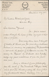 Thomas Lees autograph letter signed to Victoria Woodhull Martin, Cleveland, December 25, 1901