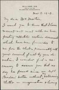 B.M. Leod autograph letter signed to [Victoria Woodhull] Martin, Williamstown, Mass., March 9, 1913