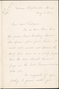 Jennie Leys autograph letter signed to [Victoria Woodhull] Martin, Melrose Highlands, Mass., May 5, 1897