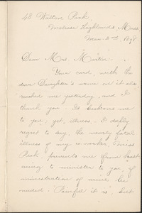 Jennie Leys autograph letter signed to Victoria Woodhull Martin, Melrose Highlands, Mass., March 2, 1898