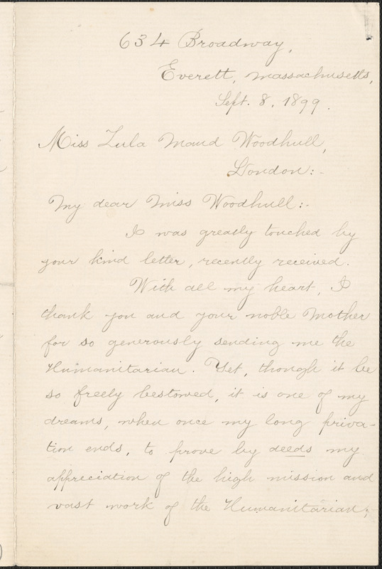 Jennie Leys autograph letter signed to Zula [M.] Woodhull, Everett, Mass., September 8, 1899