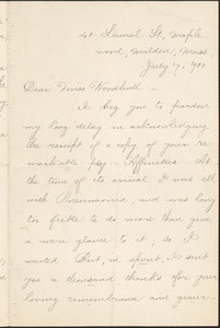 Jennie Leys autograph letter signed to [Zula M.] Woodhull, Malden, Mass., July 17, 1900
