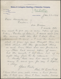 Hal. W. Lombard autograph letter signed to [Victoria Woodhull Martin], Helena, Mont., January 23, 1899