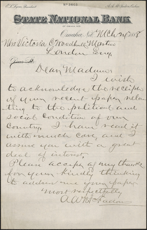 A.A. McFadon autograph letter signed to Victoria Woodhull Martin, Omaha, March 1888
