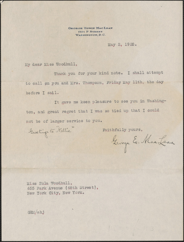 George E. MacLean typed letter to [Zula] Woodhull, Washington, D.C., May 2, 1928