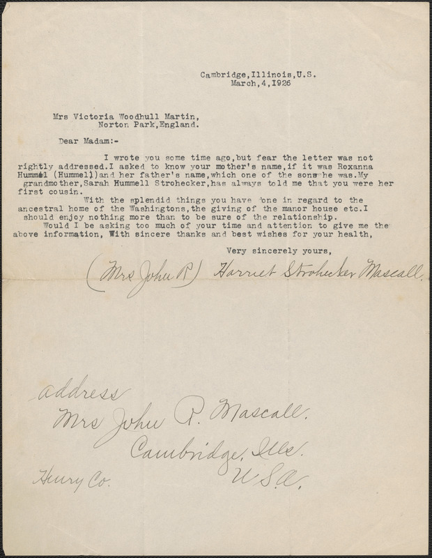 Harriet S. Mascall typed letter signed to Victoria Woodhull Martin, Cambridge, Ill., March 4, 1926