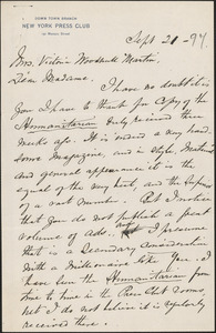 Thomas A. Masterson autograph letter signed to Victoria Woodhull Martin, New York, September 21, 1897