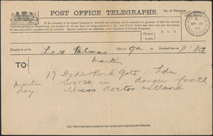 [Brian] Melland telegram to [Victoria Woodhull] Martin, Las Palmas, [Canary Islands], March 19, 1897