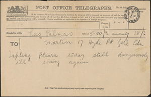 [Brian Melland] telegram to [Victoria Woodhull] Martin, Las Palmas, [Canary Islands], March 19, 1897