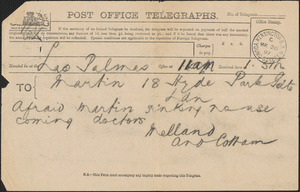 [Brian] Melland telegram to [Victoria Woodhull] Martin, Las Palmas, [Canary Islands], March 20, 1897