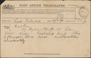 [Brian Melland] telegram to [Victoria Woodhull] Martin, Las Palmas, [Canary Islands], March 20, 1897