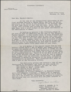 Clelia Duel Mosher typed letter signed to [Victoria Woodhull Martin], Palo Alto, February 12, 1925