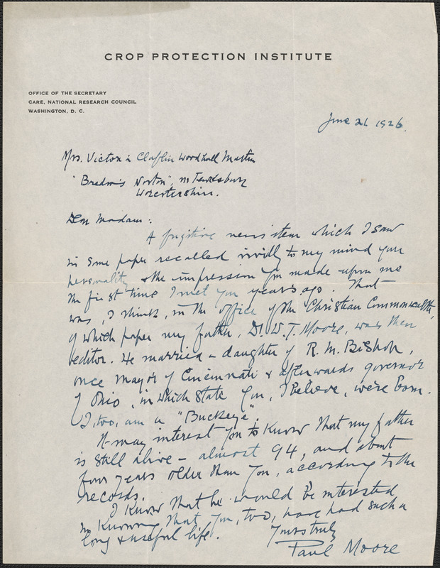 Paul Moore autograph letter signed to [Victoria Woodhull Martin], Washington, D.C., June 21, 1926