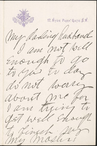 [Victoria Woodhull Martin] autograph letter to [John Biddulph Martin, London], approximately 1883-1897