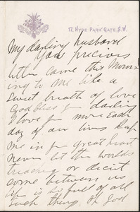 [Victoria Woodhull Martin] autograph letter to [John Biddulph Martin, London], approximately 1883-1897