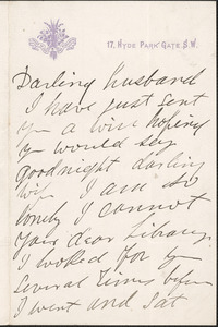 [Victoria Woodhull Martin] autograph letter to [John Biddulph Martin, London], approximately 1883-1897