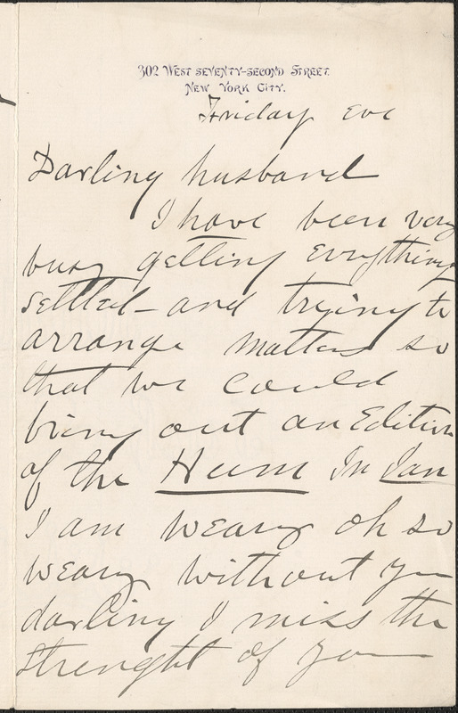 [Victoria Woodhull Martin] autograph letter signed to [John Biddulph Martin], New York, approximately 1883-1897
