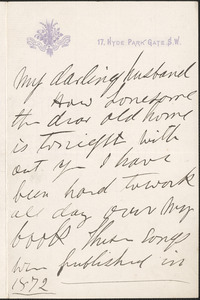 [Victoria Woodhull Martin] autograph letter to [John Biddulph Martin, London], approximately 1883-1897