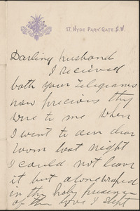 [Victoria Woodhull Martin] autograph letter to [John Biddulph Martin, London], approximately 1883-1897