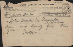 Victoria [Woodhull Martin] telegram to John [Biddulph] Martin, [London?], January 18, 1889