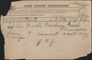 [Victoria Woodhull Martin] telegram to [John Biddulph Martin, London?], January 21, 1889