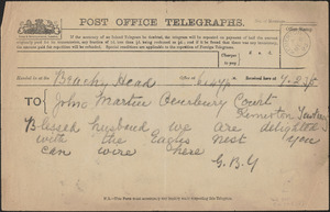 [Victoria Woodhull Martin] telegram to John [Biddulph] Martin, Beachy Head, East Sussex, [England], May 6, 1893