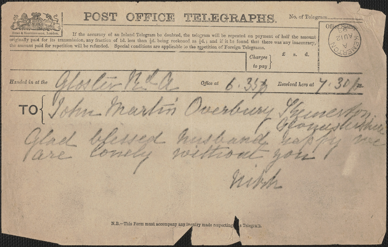 [Victoria Woodhull Martin] telegram to John [Biddulph] Martin, [London?], August 12, 1893