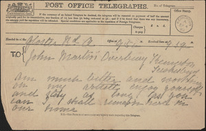 [Victoria Woodhull Martin] telegram to John [Biddulph] Martin, [London?], September 4, 1893